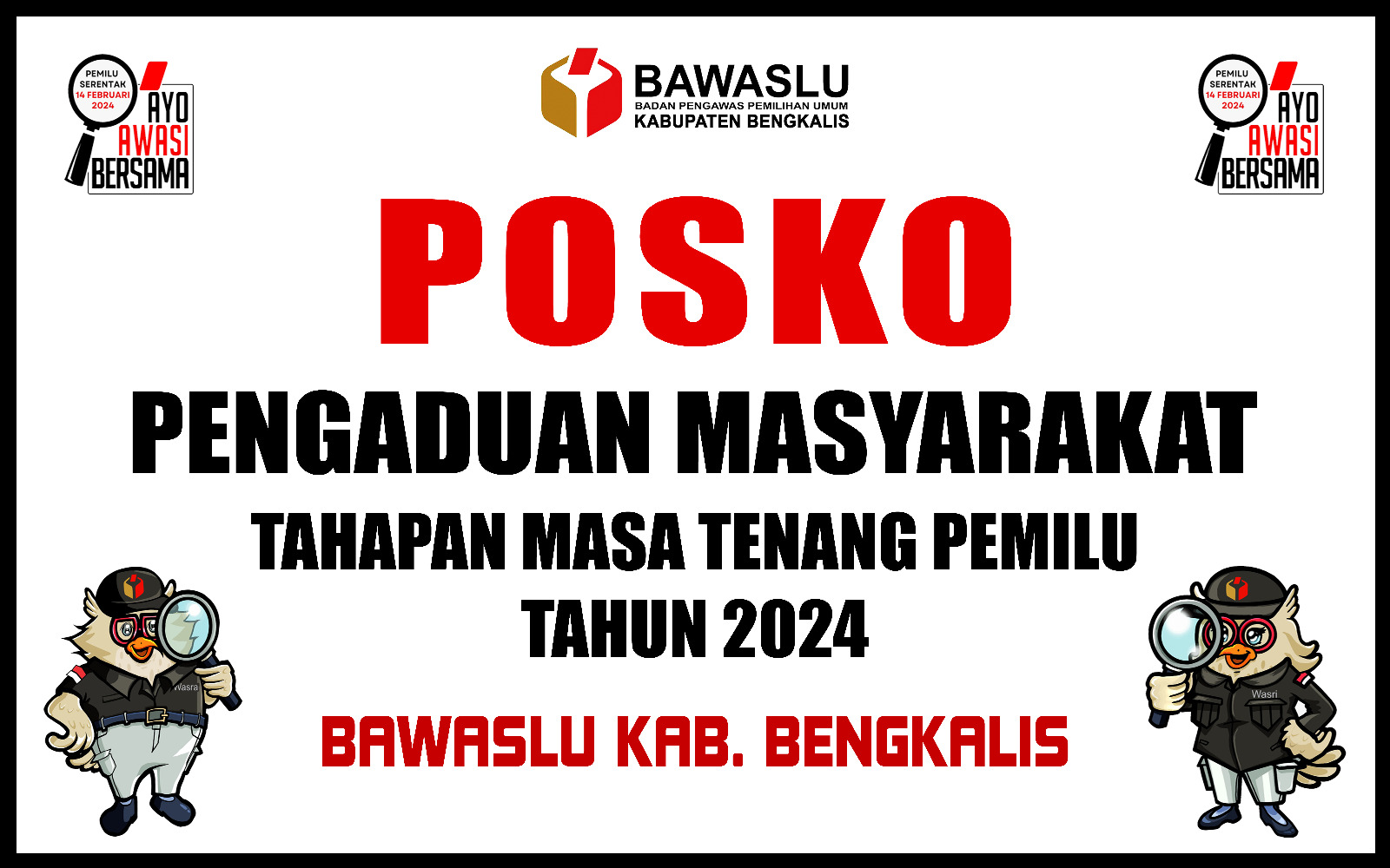 BENGKALIS-Bawaslu Kabupaten Bengkalis telah membuka Posko Aduan selama tahapan Masa Tenang berlangsung, Berbagai pelanggaran pemilu yang terjadi selama masa tenang ini pun (11 s.d 13 Februari 2024) diimbau agar dapat dilaporkan ke Bawaslu Kabupaten Bengkalis maupun jajaran pengawas pemilu lainnya di tingkat kecamatan, kelurahan dan desa.  Ketua Bawaslu Kabupaten Bengkalis, Usman mengatakan, Posko Aduan yang dibuka pihaknya selama masa tenang ini bertujuan bagi memberikan kemudahan kepada masyarakat untuk me