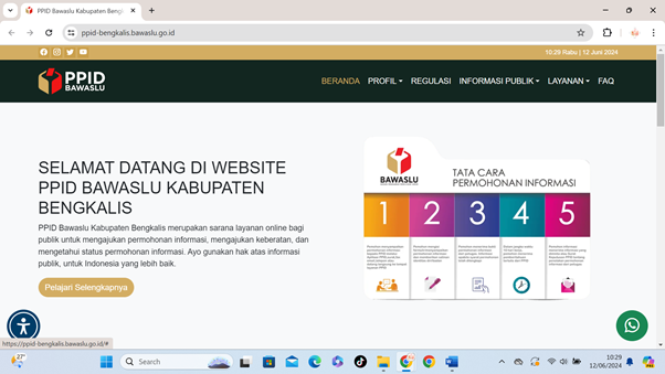 Tampilan Website PPID (Pejabat Pengelola Informasi dan Dokumentasi) Bawaslu Kabupaten Bengkalis.