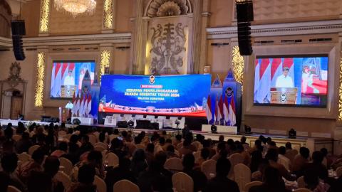 Menkopolhukam Hadi Tjahjanto saat memberikan sambutan Rapat Koordinasi (Rakor) Kesiapan Penyelenggaraan Pilkada Serentak Tahun 2024 di Wilayah Sumatera (9/7).